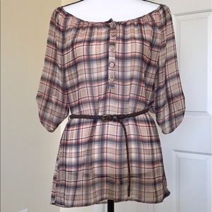 PLAID SCOOP NECK BUTTON UP BLOUSE WITH BELT NWOT